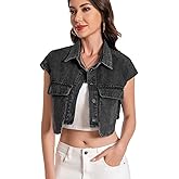 VOHOTO Women Cropped Denim Shirt Summer Jean Stylish Button Down Collared Cute Sleeveless Top with Pockets