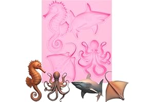 Silicone Mold with Ocean Theme, Seahorse Shark Octopus Manta Ray Designs, Pink