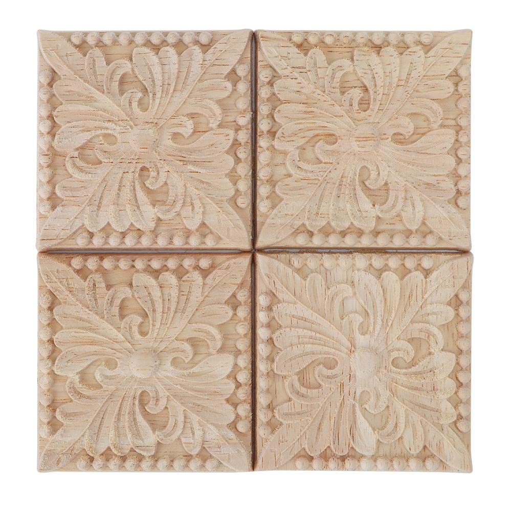 Wifehelper 4Pcs Carving Checkered Applique Unpainted Decal for Furniture Decoration Natural Wood Appliques Square Flower Carving Decals Decorative Wooden Craft 6x6cm(2#)