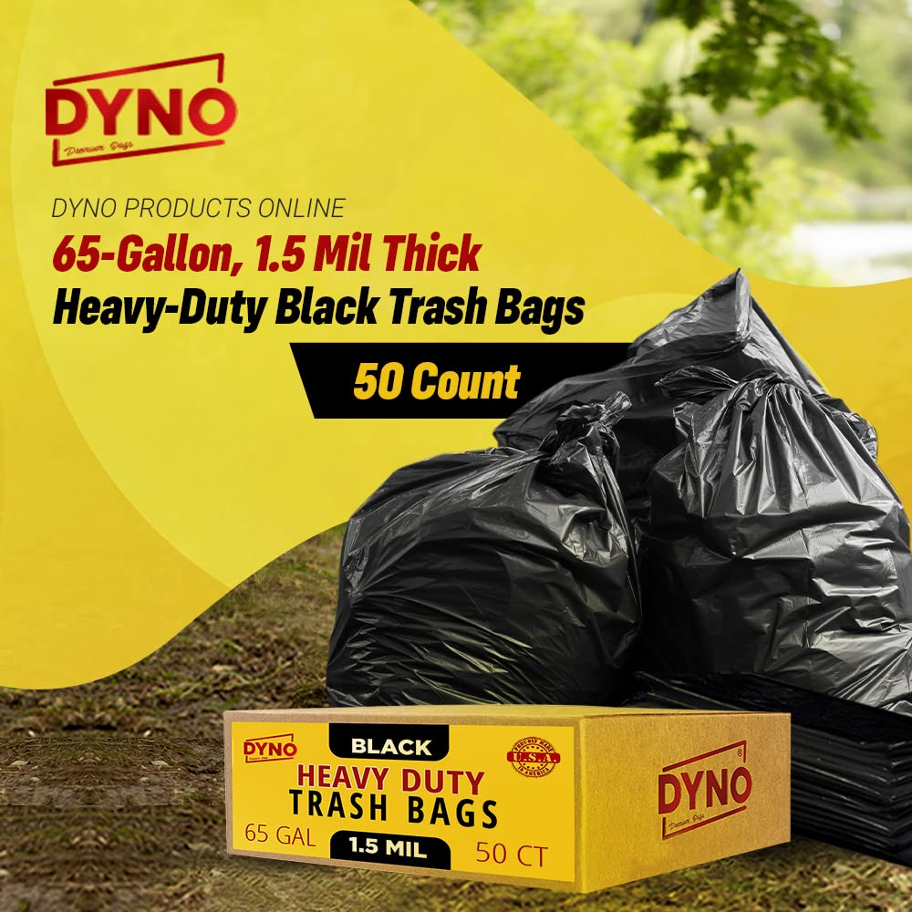Photo 1 of Dyno Products Online 65-Gallon Heavy-Duty Black Trash Bags - 50 Count, 1.5 Mil Thick, Industrial Strength, Resistant to Punctures and Leaks, Ideal for Commercial Use