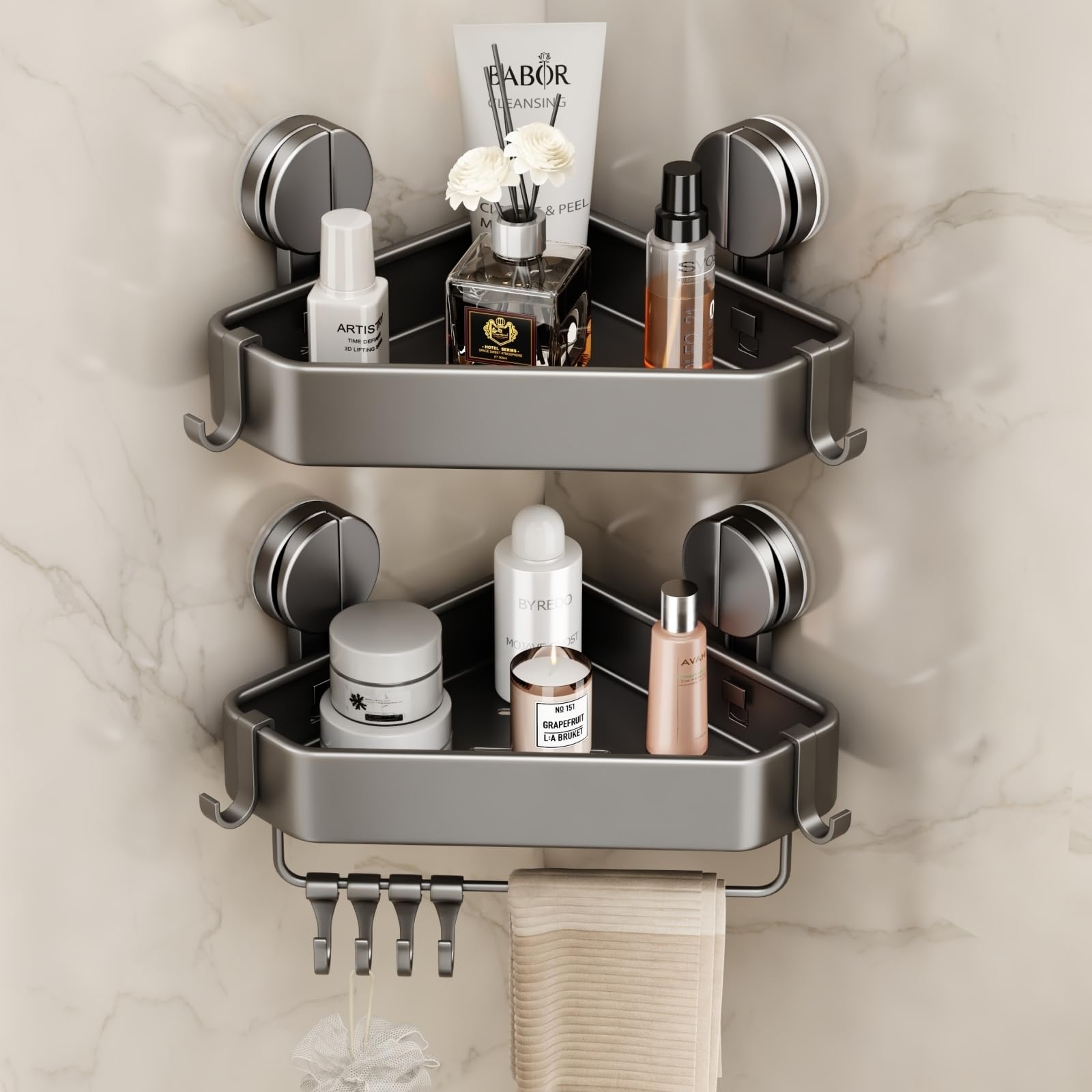 Photo 1 of **DIRTY**
Mustorn Suction Cup Shower Caddy Corner, 2 Pack Suction Corner Shower Shelves No Drilling, Rustproof Shower Organizer Suction Cup with Towel Holder & Hooks Removable Bathroom Storage Rack(Gray)