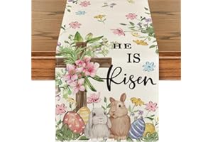 Artoid Mode Bunny Rabbits Eggs He is Risen Easter Table Runner, Seasonal Spring Kitchen Dining Table Decoration for Home Part