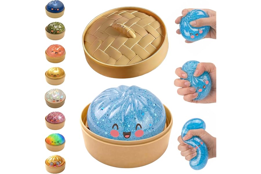 Glitter Dumpling Squishy,Dumpling Squishies,Glitter Dumpling Mystery Box,Colorful Dumpling Stress Balls Fidget,Jumbo Squishy Toy with Steamer Box Suitable for Adult use in Offices (Glitter Blue)