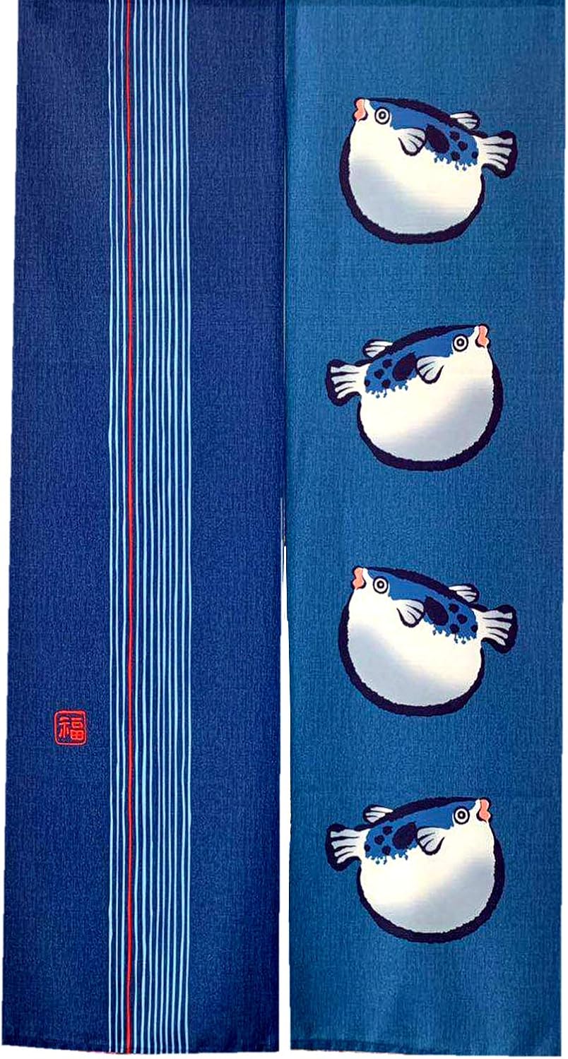 LIGICKY Japanese Style Doorway Curtains Traditional Noren Long Door Tapestry for Home Decoration 33.5 x 59 inch, Blue (Puffer Fish)