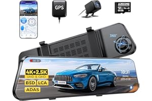 AZDOME PG17 Max 4K+2.5K Mirror Dash Cam with ADAS, BSD and LCA, 12" Rear View Mirror Camera with 5GHz WiFi and Voice Control, Rearview Mirror Backup Camera Includes 64GB Card, GPS, Parking Monitor