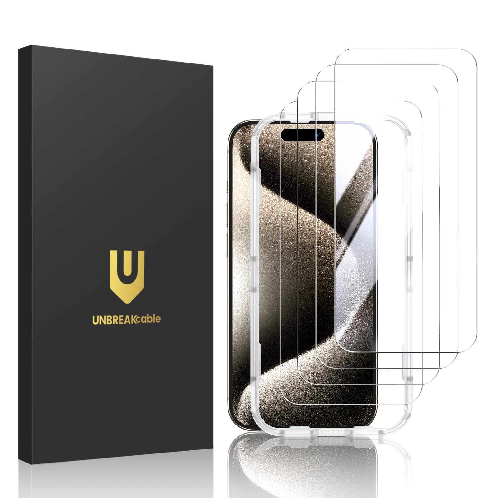 UNBREAKcable 4-Pack Screen Protector for iPhone 15 Pro, Double Shatterproof Tempered Glass [Easy Installation Frame] [9H Hardness] [99.99% HD Clear] [Case Friendly] for iPhone 6.1 inch