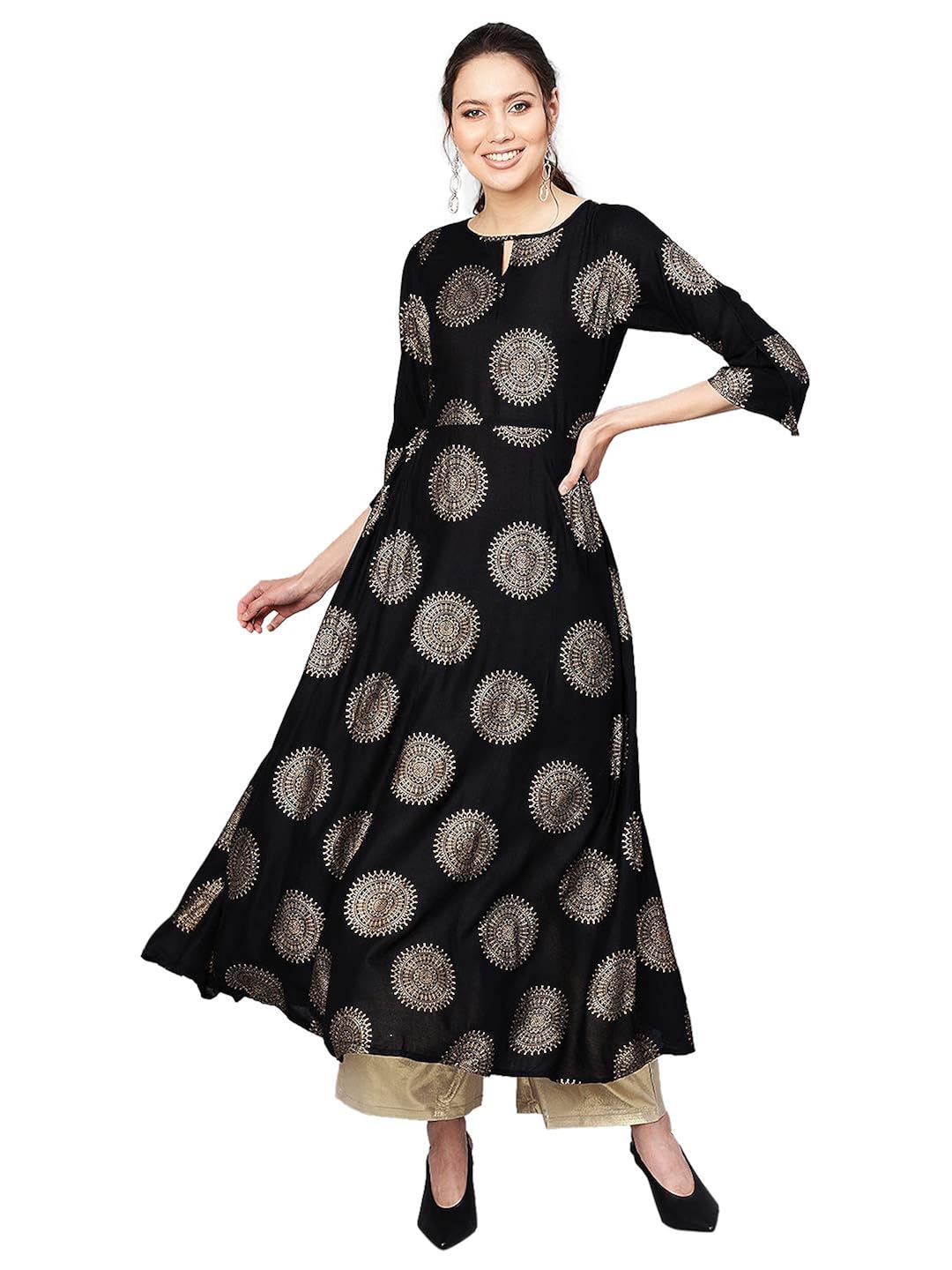 Buy Ives Black Knee Length Ethic Motif Print Anarkali Kurta For Women