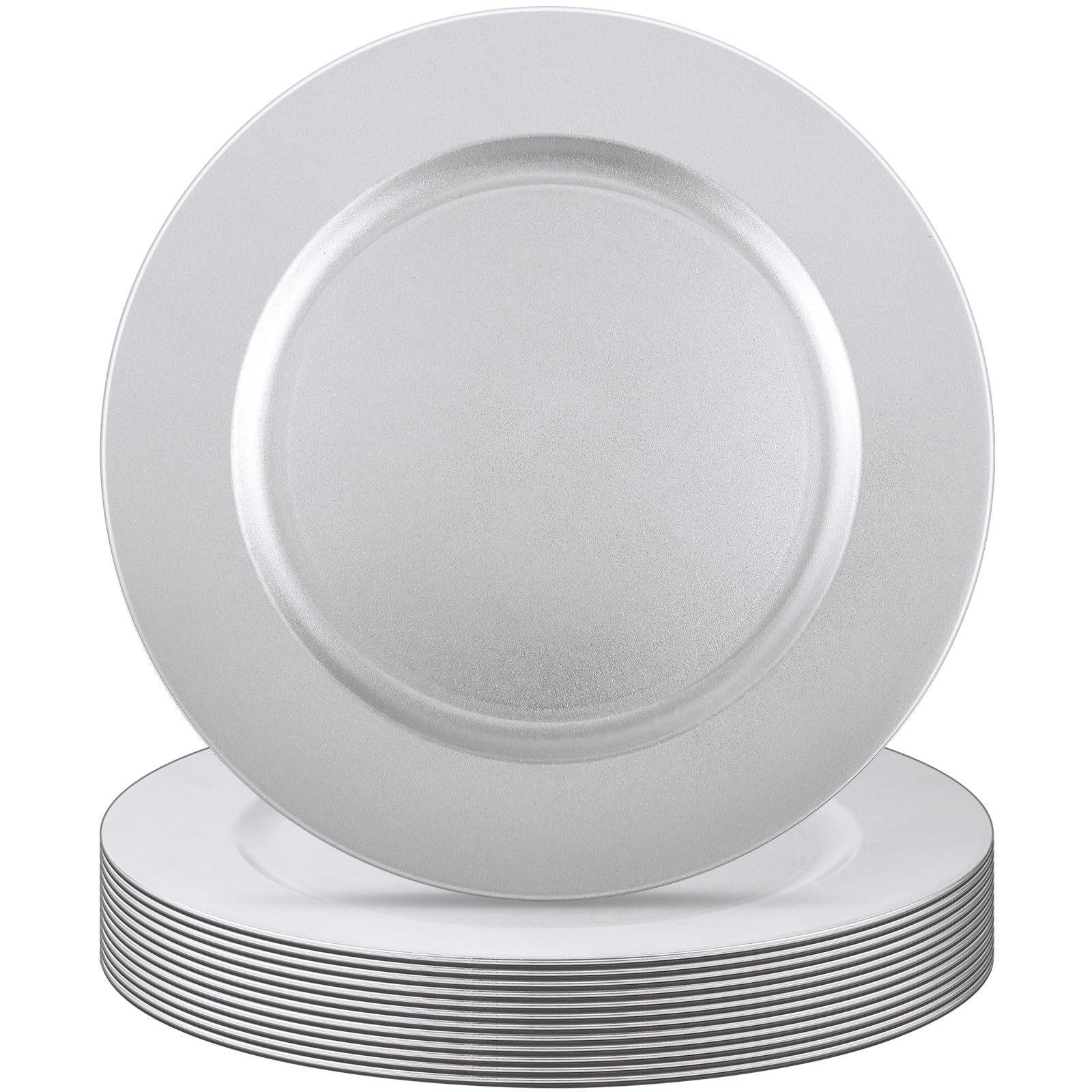 Photo 1 of Tanlade 12 Pcs 13 Inch Charger Plates Bulk Round Wedding Chargers Plastic Dinner Plates for Table Setting Wedding Party Decoration (Silver White)