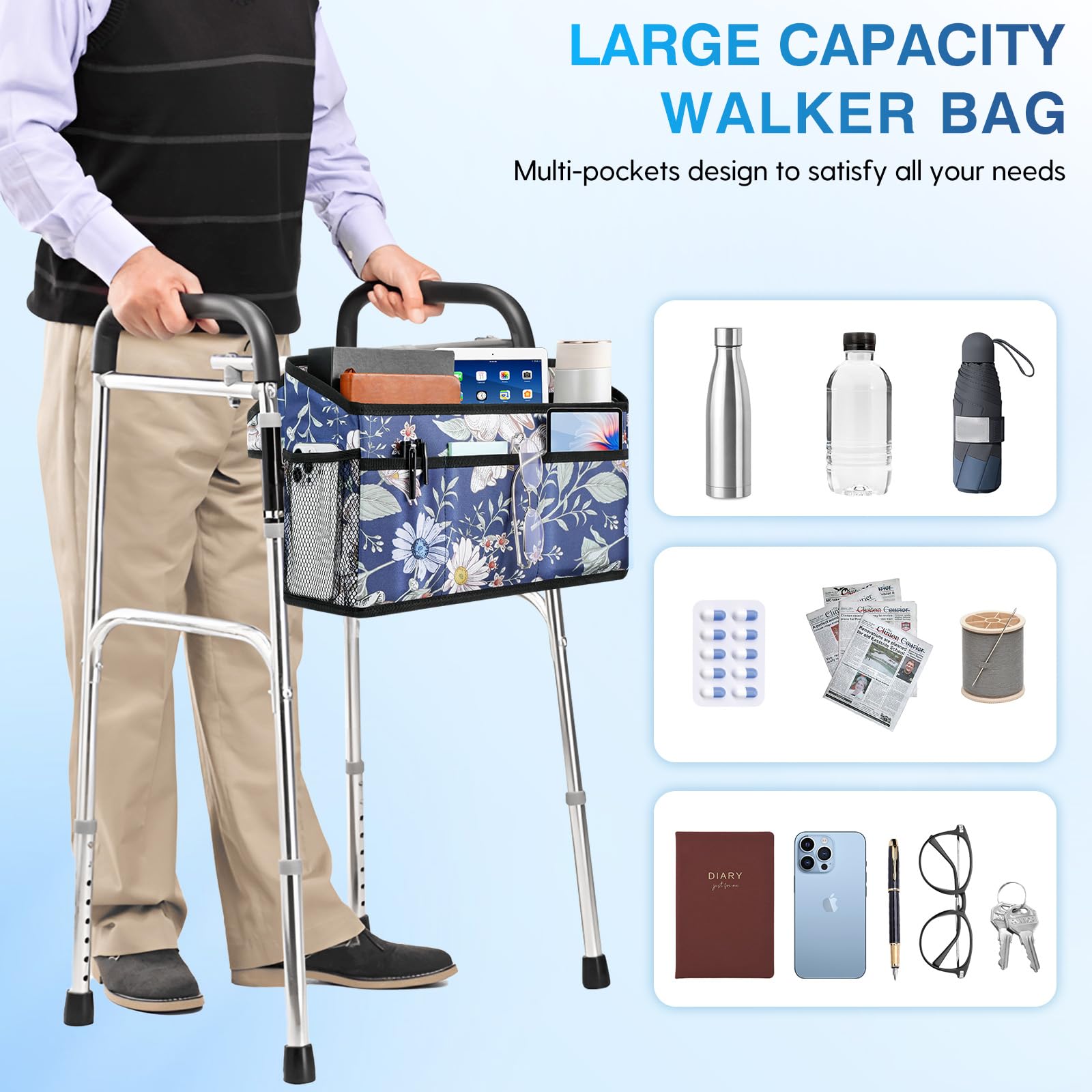 Rhino Valley Walker Basket for Folding Walker, Multi-Pocket Walker Tray with Cup Holder, Foldable Walker Bag, Large Storage Basket for Walker, Walker Accessories for Seniors