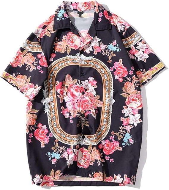 Amazon メンズ シャツ ハワイ風 開襟 Tシャツ ブラック ピンク フローラル 柄 Tシャツ スウェットプルオーバー 人気 ゆったり 半袖 薄手 カジュアル トップス Tシャツ カットソー 通販