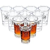 Sliner 48 Pack Birthday Shot Glasses Bulk 1.4oz Cheers to 30/40/50/60/70/80 Years Shot Glass Unbreakable Thick Base Mini Clear Plastic Wine Glass Anniversary Favors for Guests(Black,50 Years)