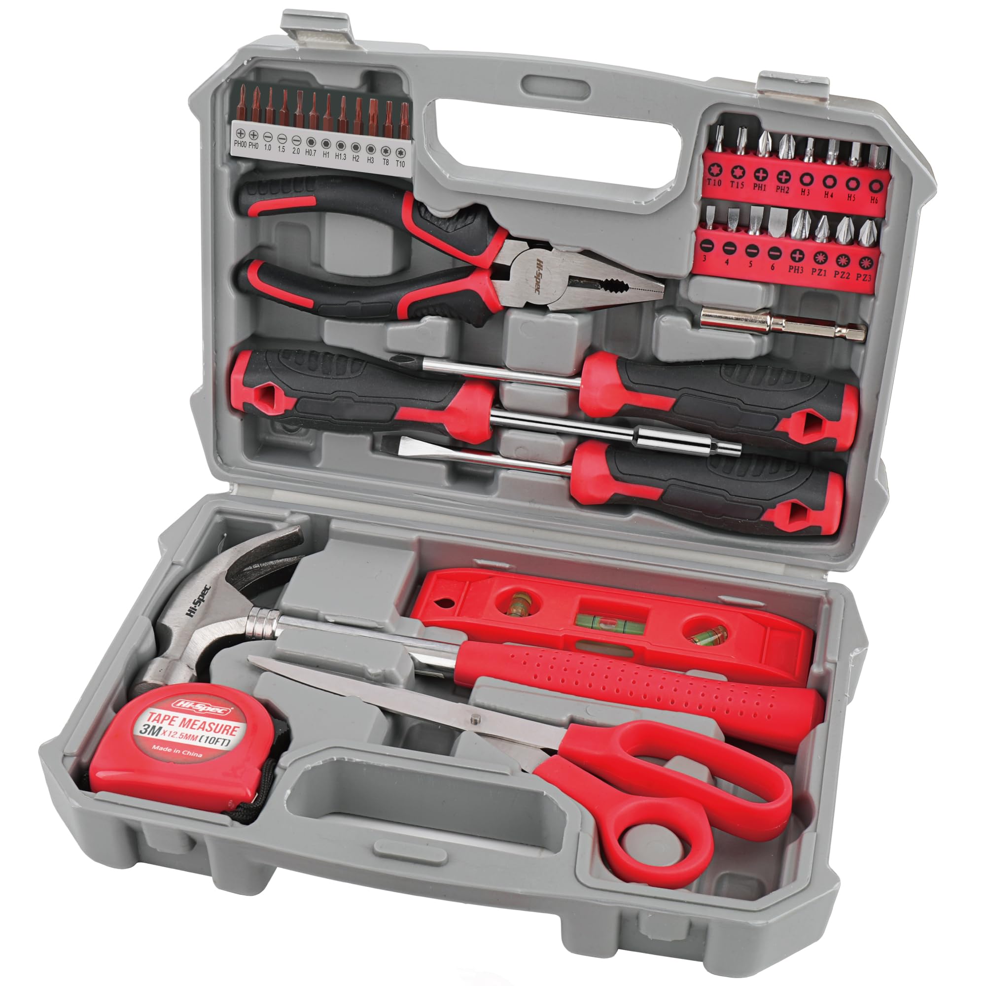 Hi-Spec Tool Kit Set for New Homes, Essential 42-Piece Red. Handy tool set with hammer, screwdriver sets, pliers, bit sets, and more for home and office DIY repair and maintenance in a compact Toolbox