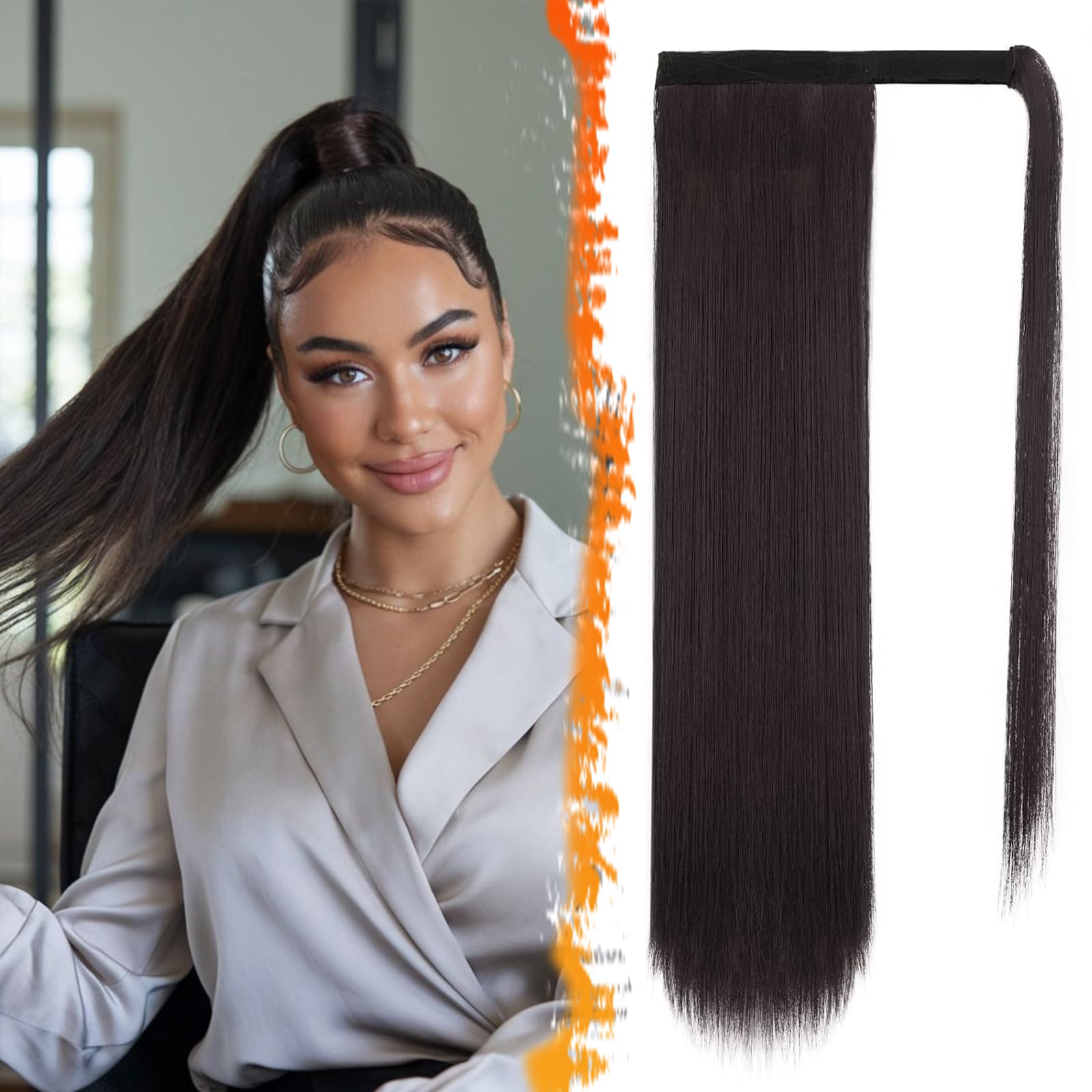 Photo 1 of BARSDAR Darkest Brown Straight Ponytail Extension - 18 Inch Long Straight Wrap Around Ponytail for Women, Clip in Ponytails Hair Extensions Synthetic Brown Pony Tails Hairpieces Daily