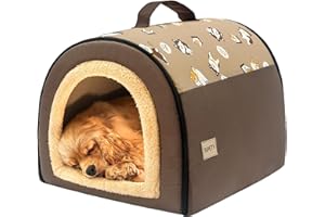 Jiupety Indoor Dog House, 2 in 1 Portable Foldable House Bed with Cover, Pet Tent & Cave Bed for Small Medium Dog, L(21"×17"×15"), Up to 16 Lb, Brown