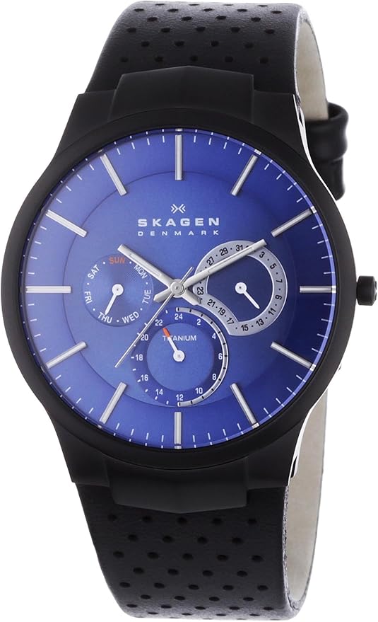 Skagen Men's Titanium Multifunction Watch Black Leather Strap Blue