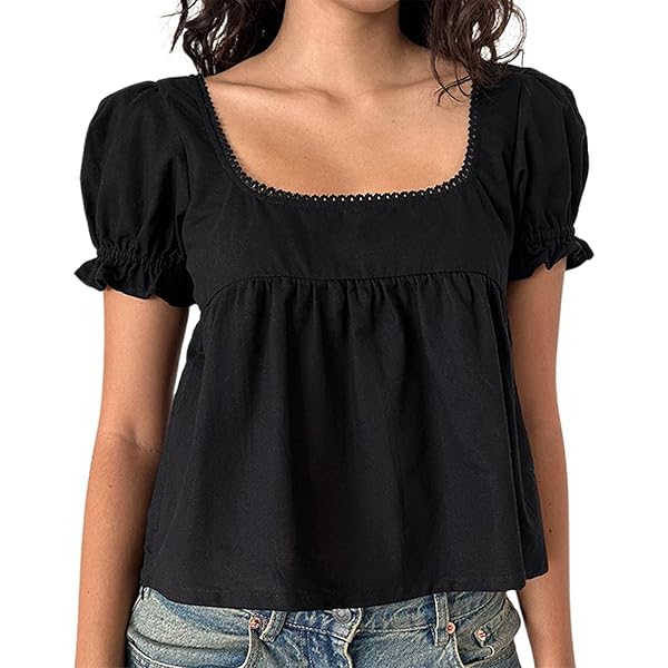 Pivanzore Women Ruffle Babydoll Tops Summer Cute Puff Short