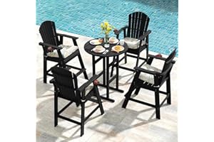 Sundale Outdoor 5 Pieces Adirondack Bar Set, Patio Counter Height Adirondack Chairs Set of 4 and Round Table, High Top HDPE Stools and Pub Table, Tall Bistro Dining Furniture Set for 4, Black