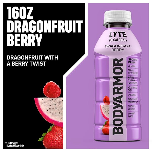 BODYARMOR LYTE SPORTS DRINK LOW-CALORIE SPORTS BEVERAGE, DRAGONFRUIT BERRY, COCONUT WATER HYDRATION, NATURAL FLAVORS WITH VITAMINS, POTASSIUM-PACKED ELECTROLYTES, PERFECT FOR ATHLETES, 16 FL OZ BOTTLE (PACK OF 12)