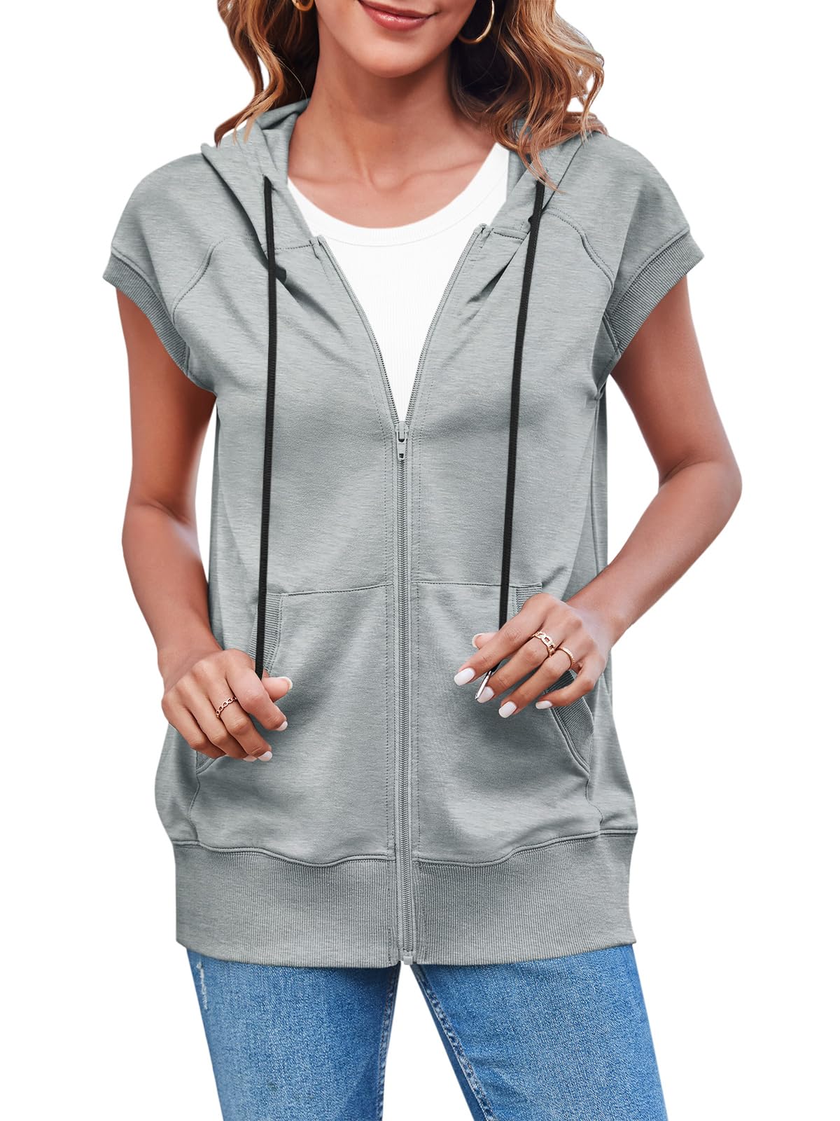 Fisoew Women's Sleeveless Zip Up Hoodies Casual