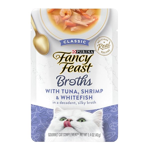 PURINA FANCY FEAST LIMITED INGREDIENT WET CAT FOOD COMPLEMENT, BROTHS WITH TUNA, SHRIMP & WHITEFISH – (PACK OF 16) 1.4 OZ. POUCHES