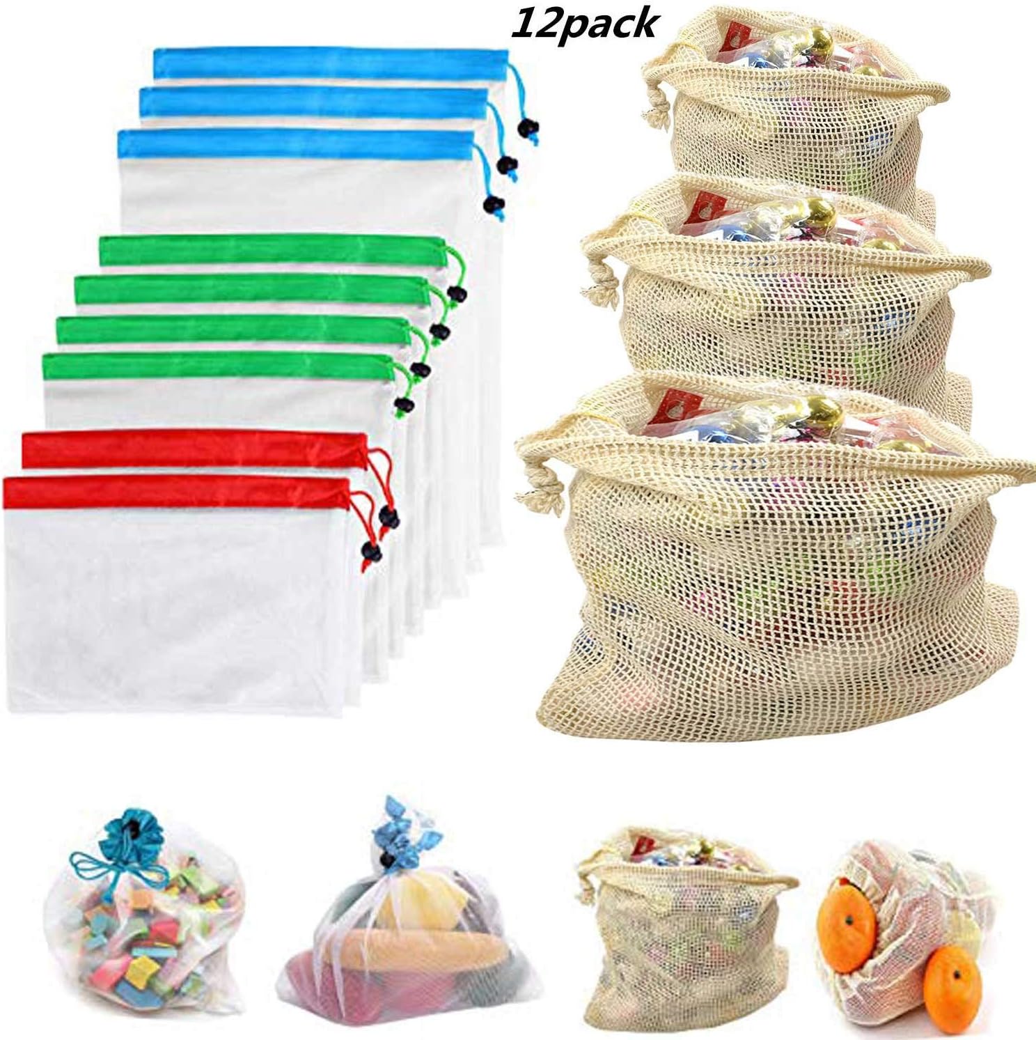 Reusable Mesh/Produce Bags 12 Pack Premium Eco Friendly Washable Organic Natural Cotton Mesh Shopping Bags for Shopping & Storage of Fruit, Veggies, Grocery, Tools & Toys Large Storage Bag(A)