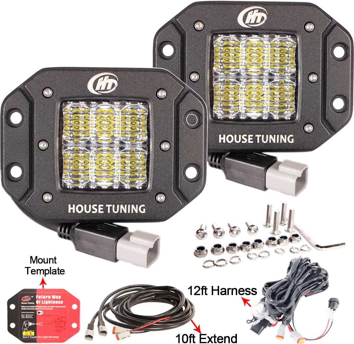 HOUSE TUNING Backup LED Light 60W,Flush Mount LED Pods Kit Diffused Flood Beam with 20ft Wiring Harness (Pack of 2)