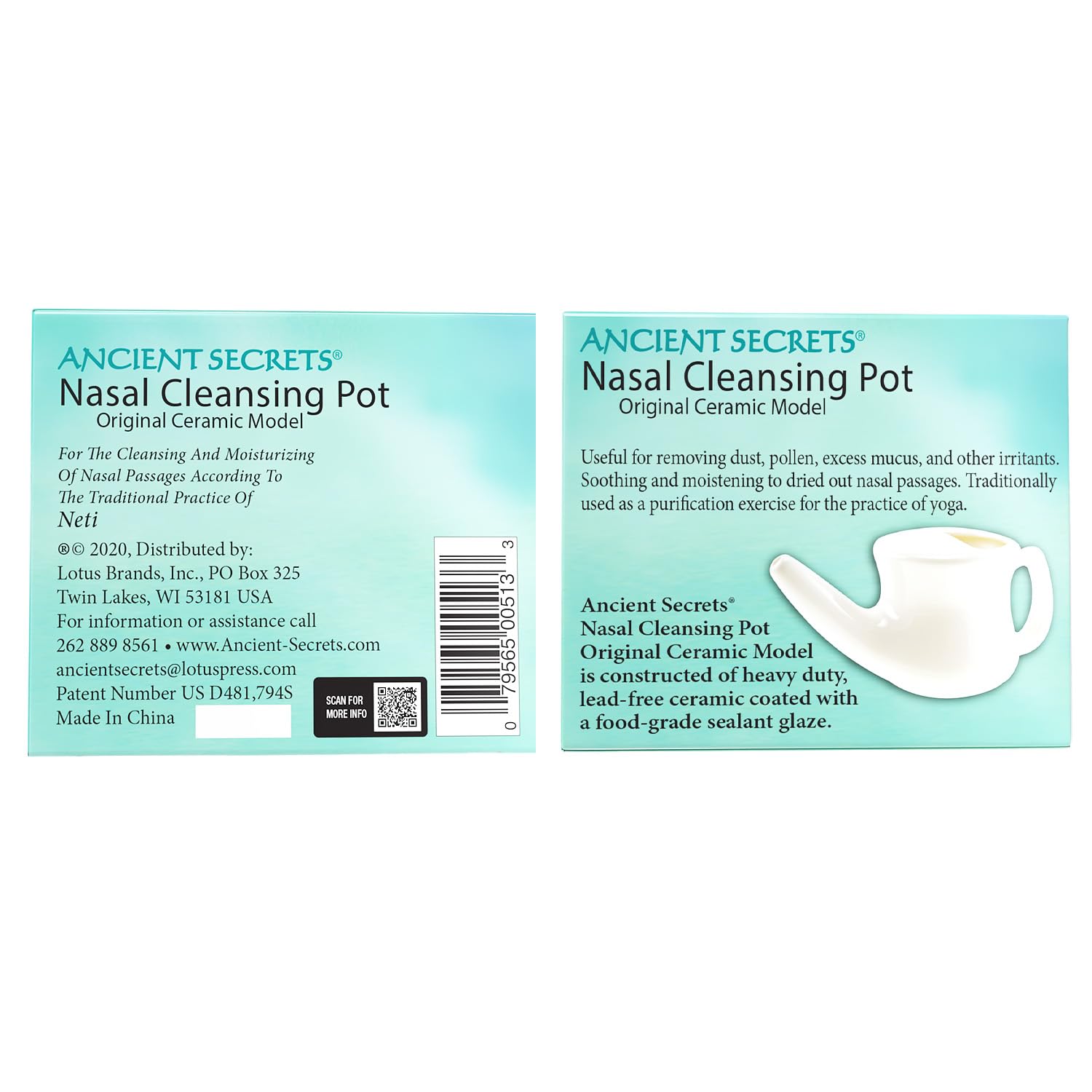 ANCIENT SECRETS Neti Pot Sinus Rinse + Pre-Measured Cleansing Salt Pack – Dishwasher-Safe Ceramic Model, Patented Ergonomic No-Leak Design, Nasal Cleansing Pot, Nasal Irrigation
