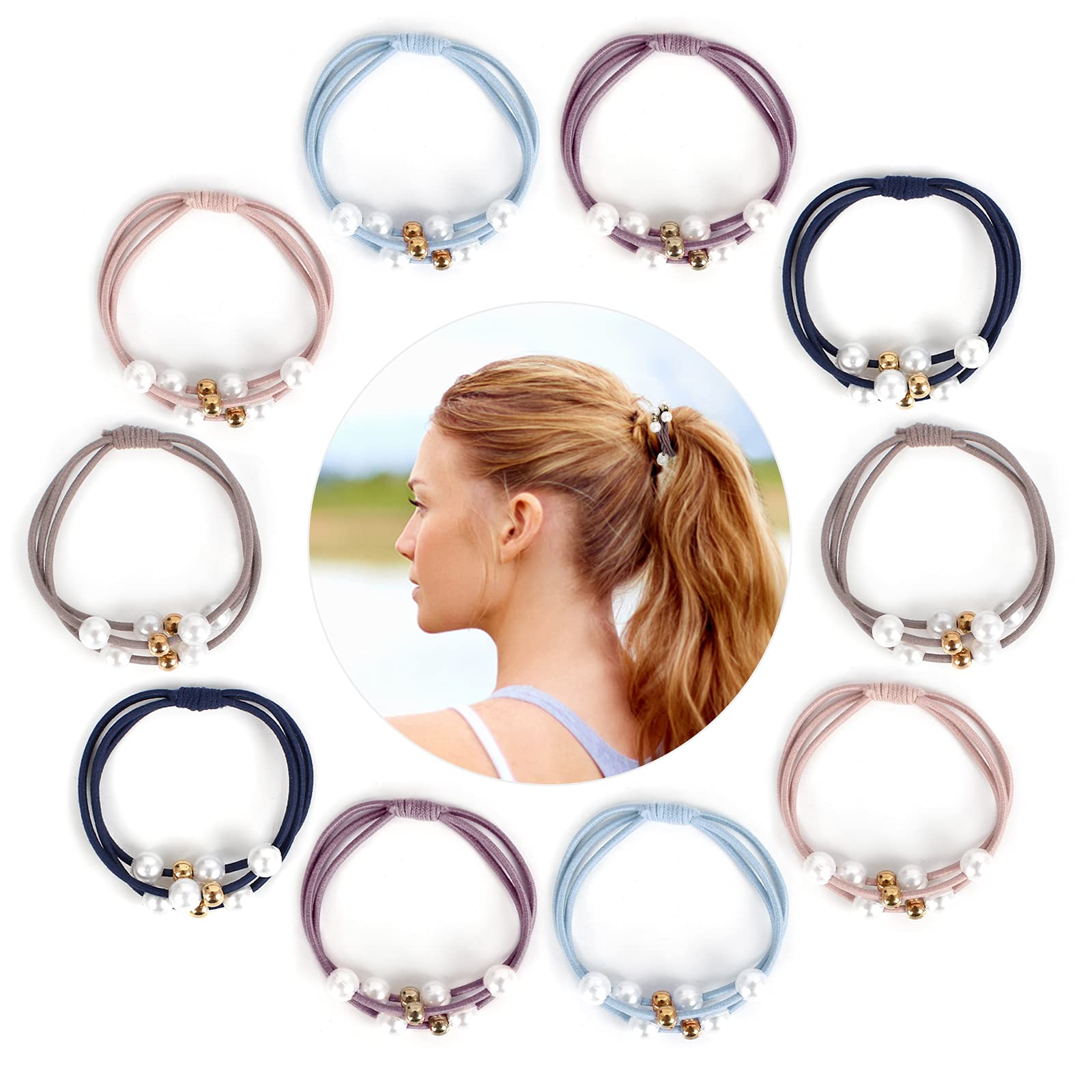 10Pcs Pearl Hair Scrunchies Elastic Hair Ropes Ponytail Holder Scrunchies Tightening Hairring Hair Ropes with Beads for Women Ladies and Girls (5 Colors)