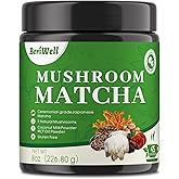 Mushroom Matcha Powder, Japanese Ceremonial Matcha Infused With 7 Superfood Mushrooms, MCT Oil, Coconut Milk Powder, Natural, Gluten Free, Taste Great Matcha Latter 8 Oz(45 Servings)