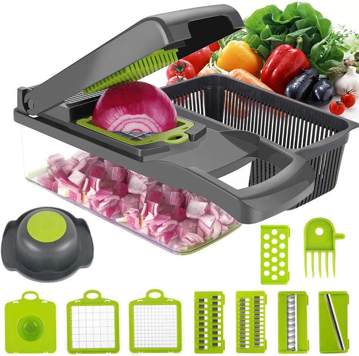 Vegetable Chopper Dicer, ENUOSUMA 8 in 1 Onion Chopper Vegetable Cutter Slicer Food Chopper for Vegetable Salad Cheese Fruit, Multi Kitchen Cutter with Egg Separator (Food Grade)