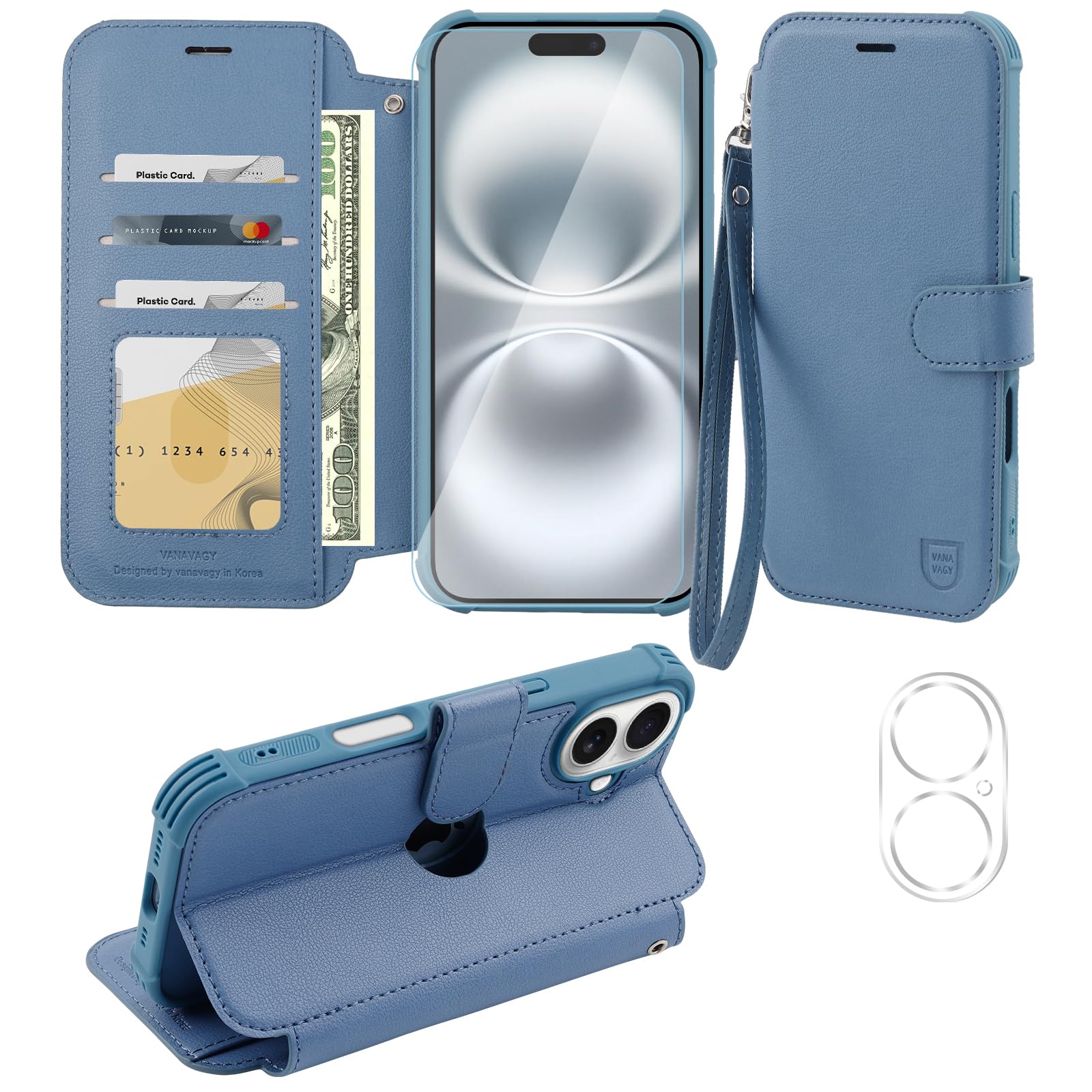 VANAVAGY Compatible for iPhone 16 Plus Wallet Case, 12ft Drop Protection, RFID Blocking PU Leather Flip Cover, Card Holder & Kickstand, Shockproof Phone Case for 16 Plus-6.7 Inch,Blue