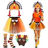 Quelay 4 Pieces Thanksgiving Turkey Costume Set for Women Turkey Trot Costume Thanksgiving Tutu Skirt Turkey Hat Socks Gloves