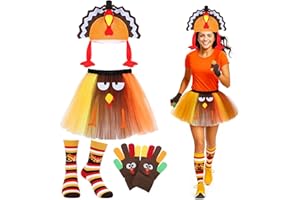 Quelay 4 Pieces Thanksgiving Turkey Costume Set for Women Turkey Trot Costume Thanksgiving Tutu Skirt Turkey Hat Socks Gloves