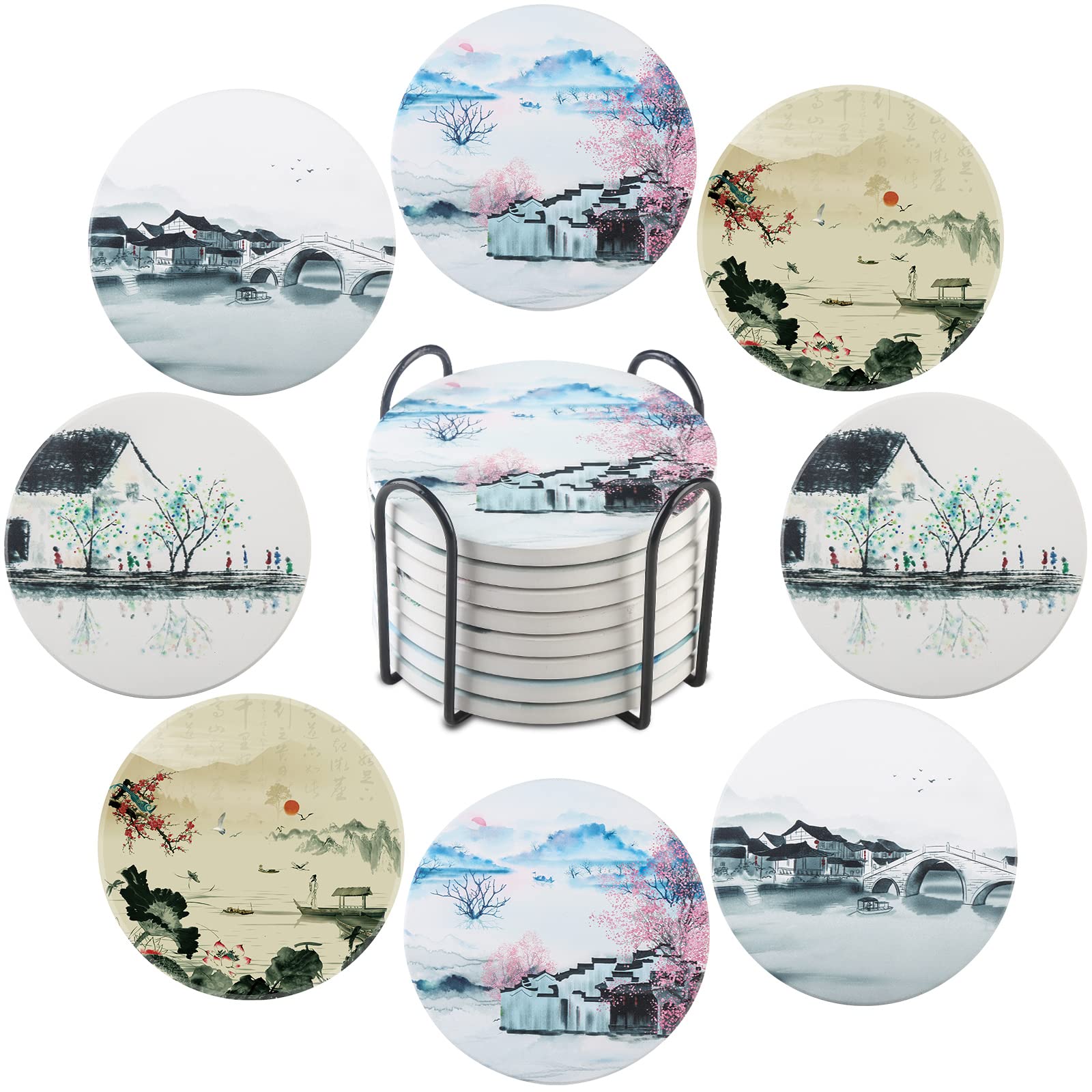 Coasters for Drinks Oriental Style,Water Absorbent Ceramic Coasters Base Coaster Set of 8, Heat-Resistant Drink Coasters Reuse,10CM, Home Decor,Suitable for Birthday Housewarming Kitchen
