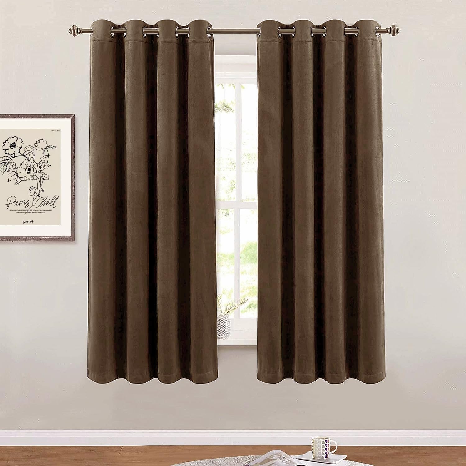 Photo 1 of SMILETIME Brown 63in Long Luxury Velvet Curtain Panels with Grommet, Insulated Soft Privacy Noise Reducing Velvet Window Drapes Thicker Velvet Pinch Pleat Curtains for Living Room, 2 Panels, 52W x 63L