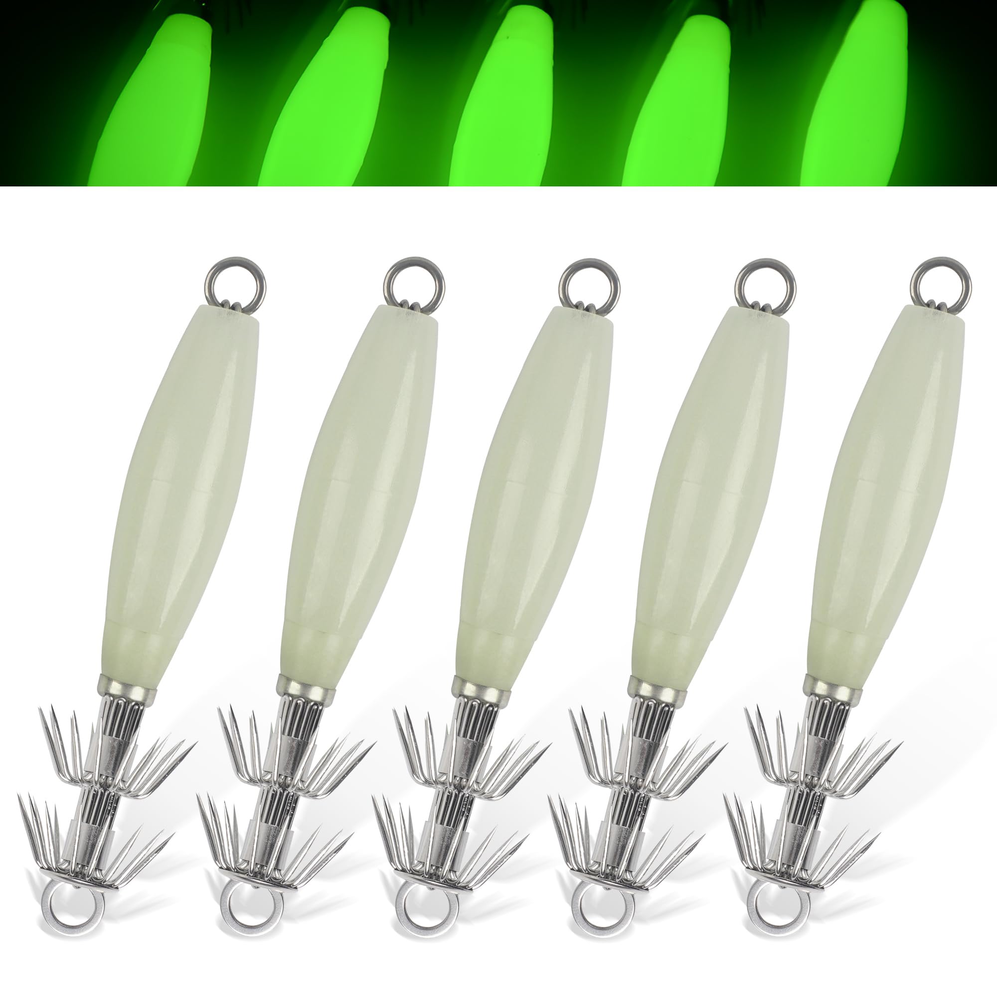 Luminous Squid Jig Hooks 5pcs/10pcs Fluorescent Cuttlefish Sleeve Jig Octopus Lures Shrimp Bait Squid Hook Hard Fishing Baits Set for Saltwater Night Fishing (5pcs)