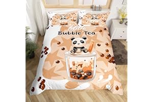 CASTLE FAIRY Cute Panda Duvet Cover Twin Size,Coffee Bubble Milk Tea Comforter Cover with 1 Pillowcase for Boys Girls,Modern Stars Cartoon Soft Breathable Bed Cover Room Decor,No Comforter