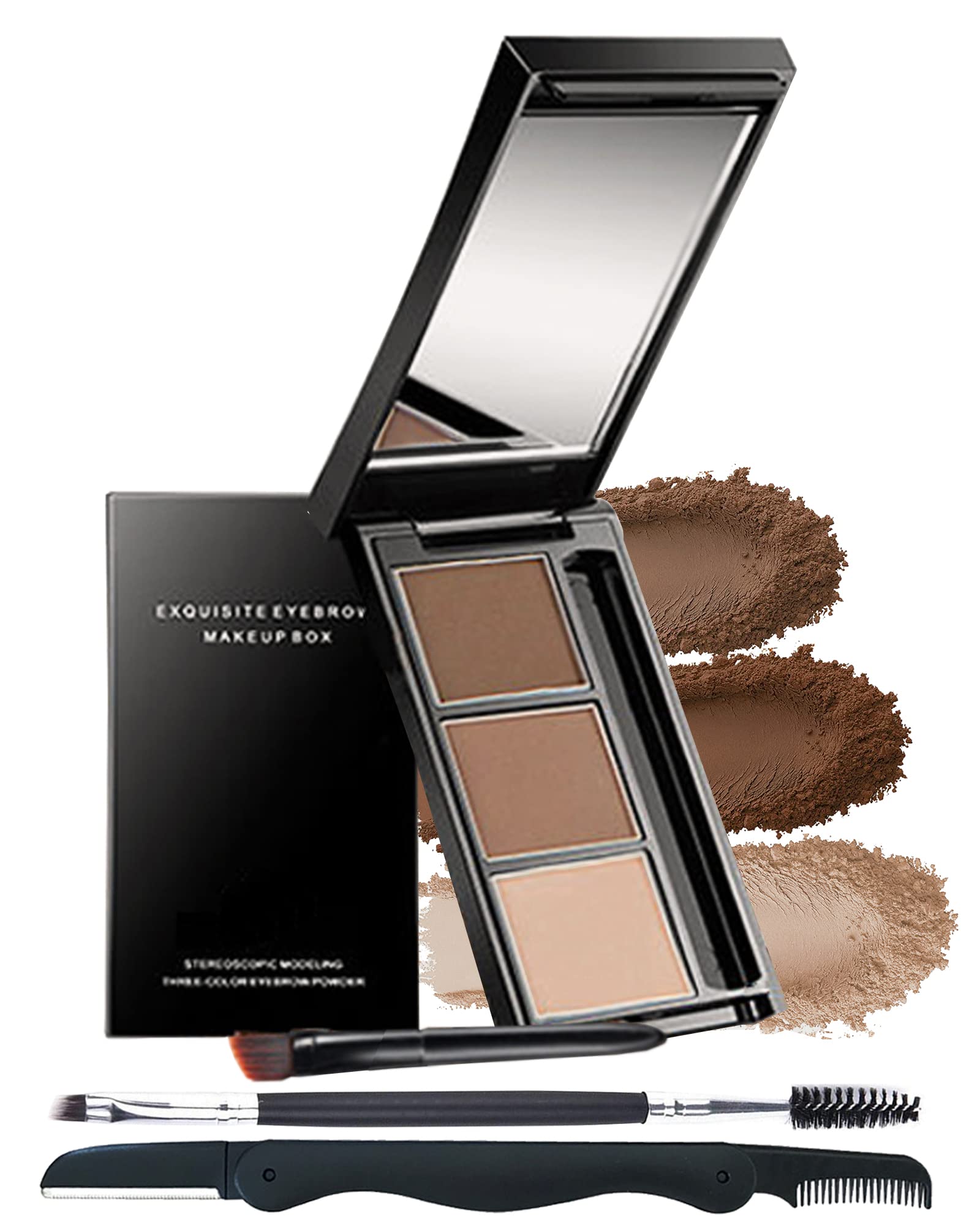 Eyebrow Powder Makeup Kit-3 Colors Eye Brow Tint Palette Long-Lasting Waterproof,Dark Medium light Brown Filler,Fill Sculpt Full Eyebrow,Face Contour for Women,With Mirror,Brow Tool-Set 02