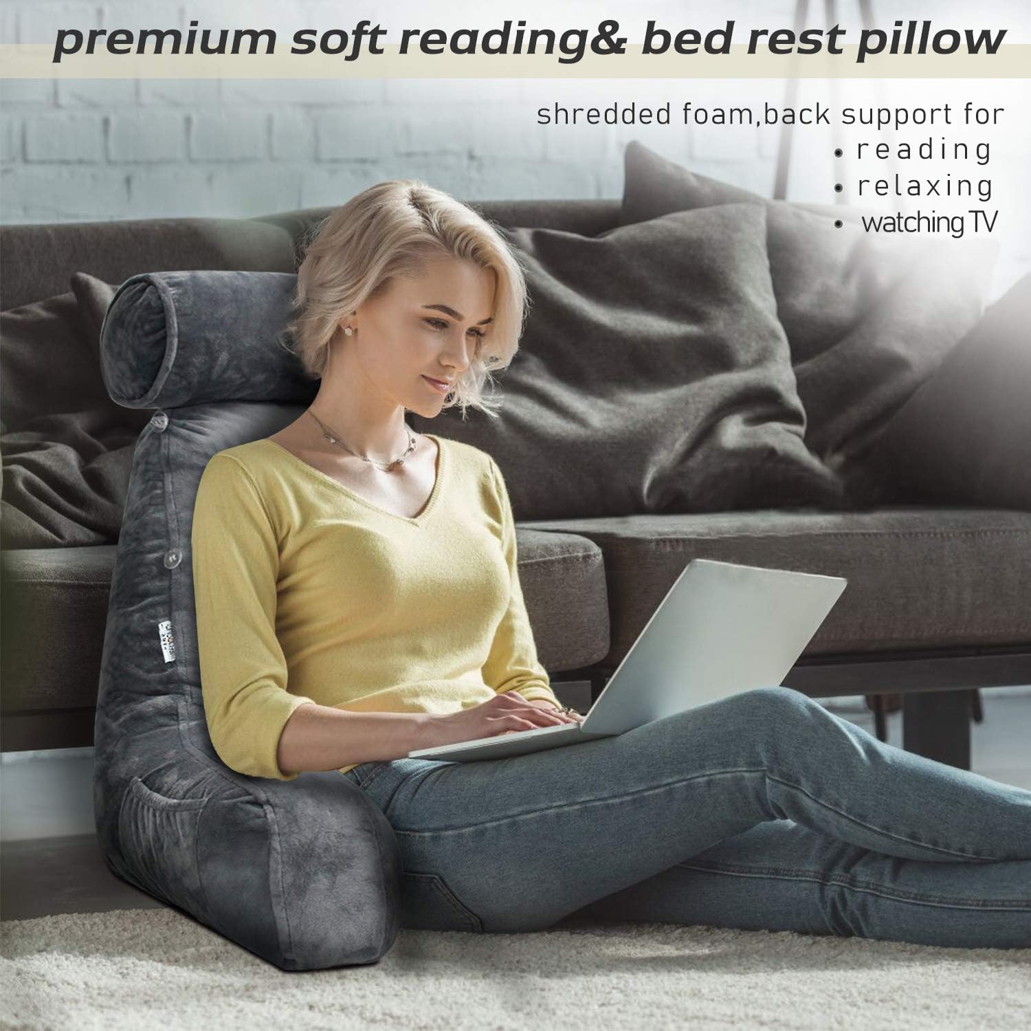 mittaGonG Shredded Foam Reading Pillow with Detachable Neck Roll & Big Bed Backrest Pillow for Bed with Arms and Side Pocket - Perfect for Back Support While Relaxing, Gaming, Reading, or Watching TV: Home & Kitchen