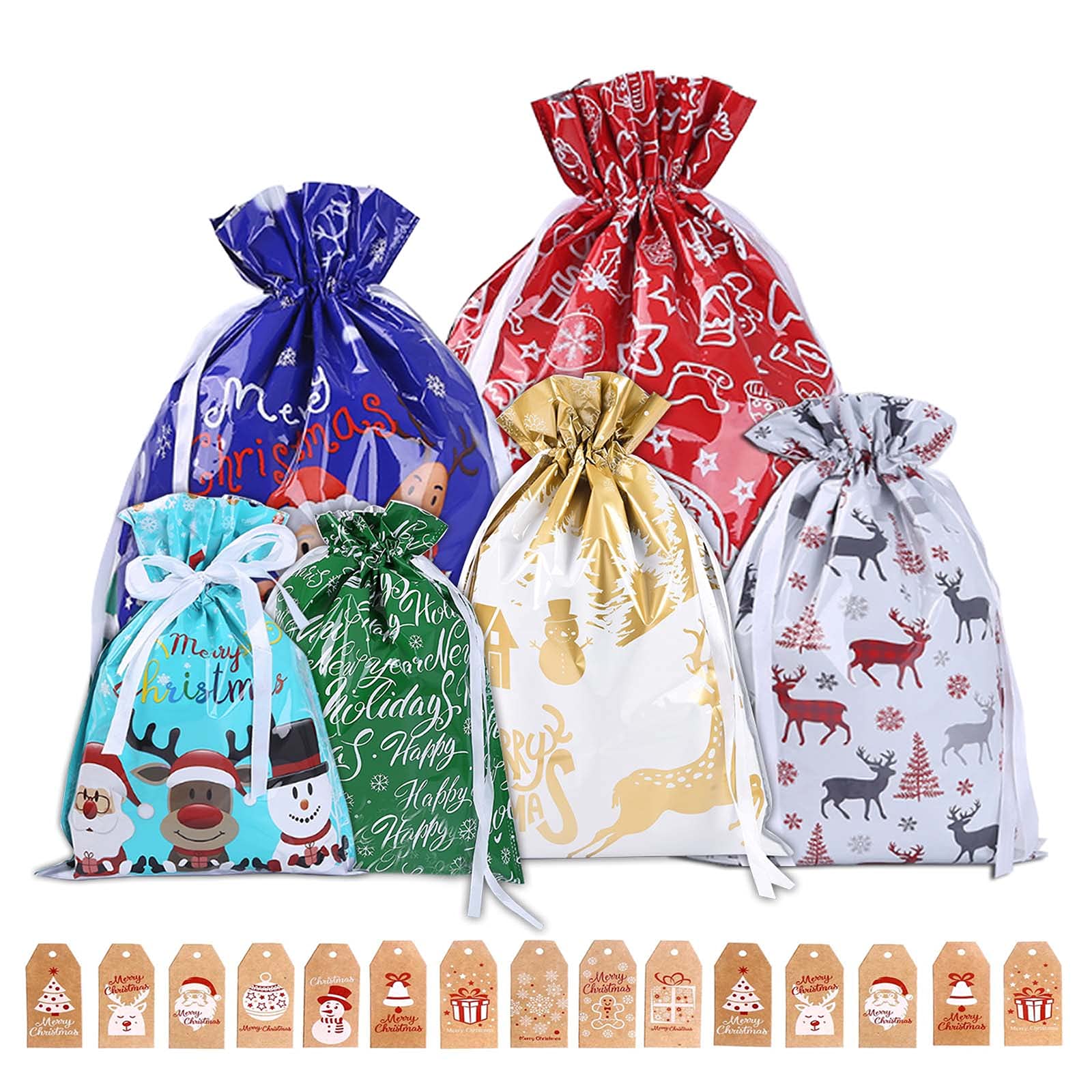 Christmas Wrapping Drawstring Gift Bags,Multipack Xmas Party Gift Wrapping Bags,6 Design 4 Size Drawstring Foil Party Presents Bags for Christmas