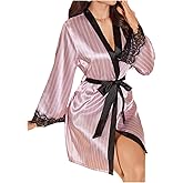 SHENHE Women's Satin Robe Striped Lace Trim Tie Waist Long Sleeve Lounge Robe Sleepwear
