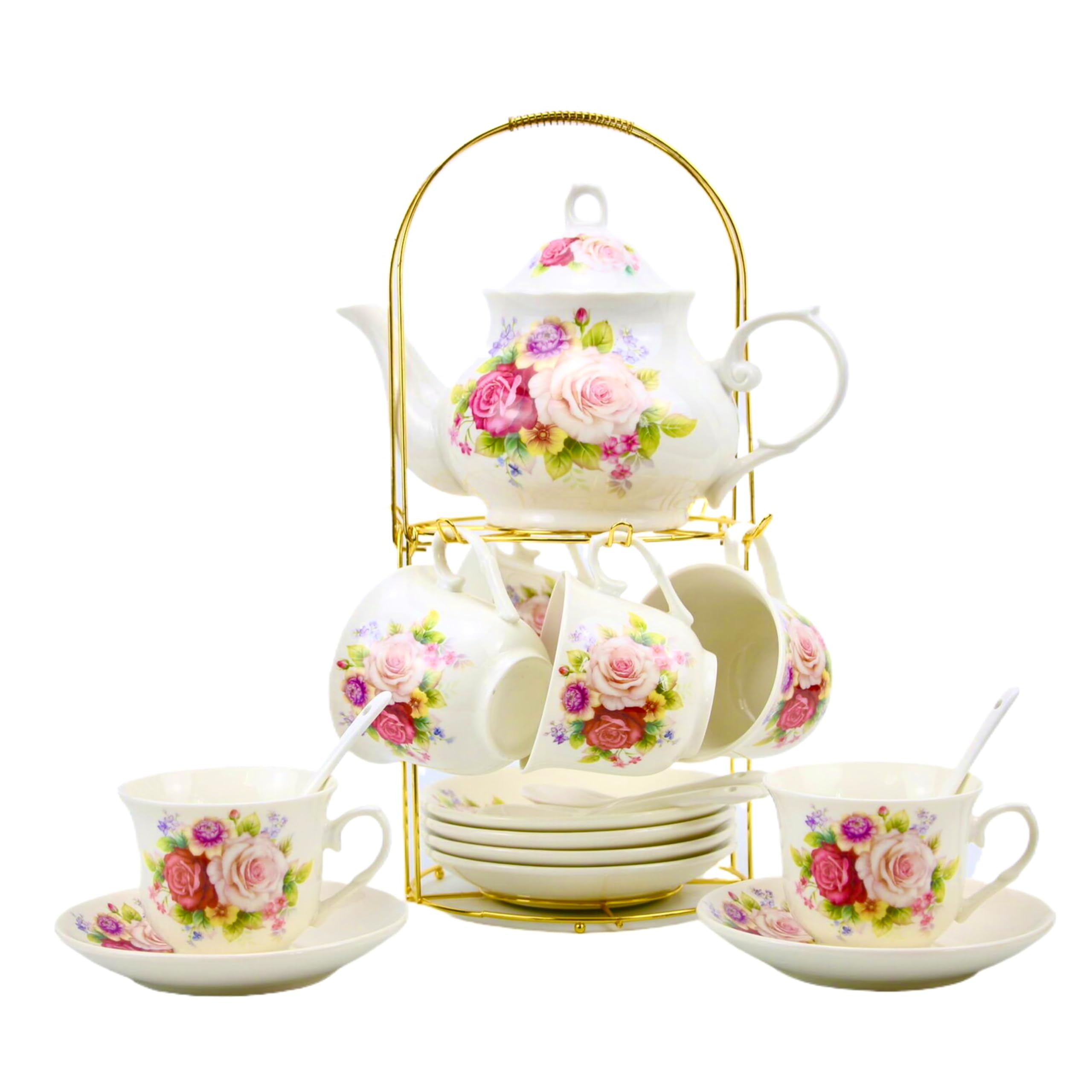 Photo 1 of 20-Pieces Porcelain Bone china Tea Sets,Gold Rim Coffee Set with Golden Metal Rack,Tea Gift Sets for Home&Party (008)
