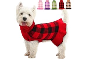 KAMA BRIDAL Dog Sweater Dress Plaid Knitwear for Small Medium Dogs Warm Puppy Pet Turtleneck Stretch Pullover Cute Fall Winter Vest Clothes with Leash Hole for Christmas (Red, S)