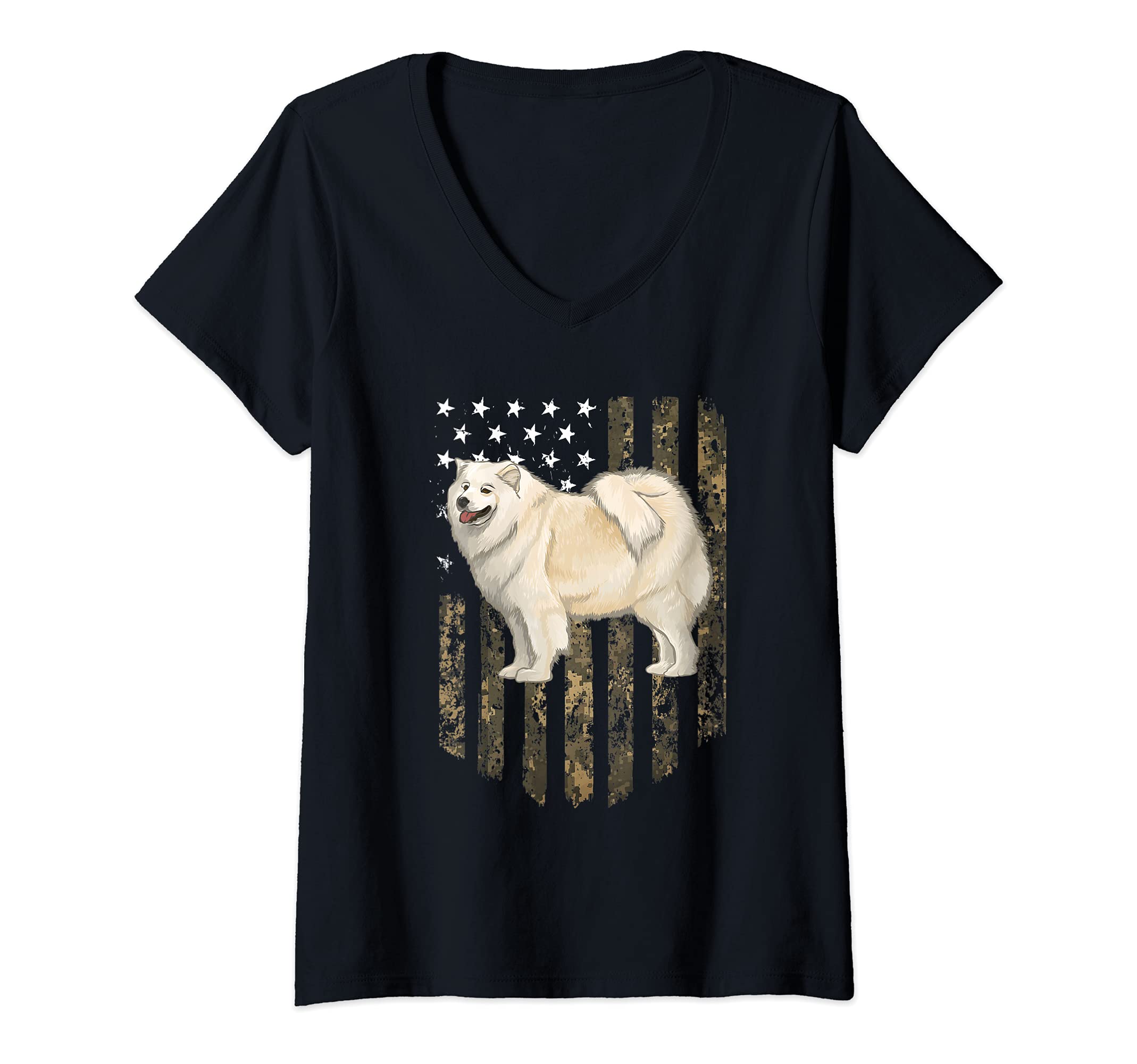 Womens Camo American Flag Samoyed 4th Of July USA V-Neck T-Shirt