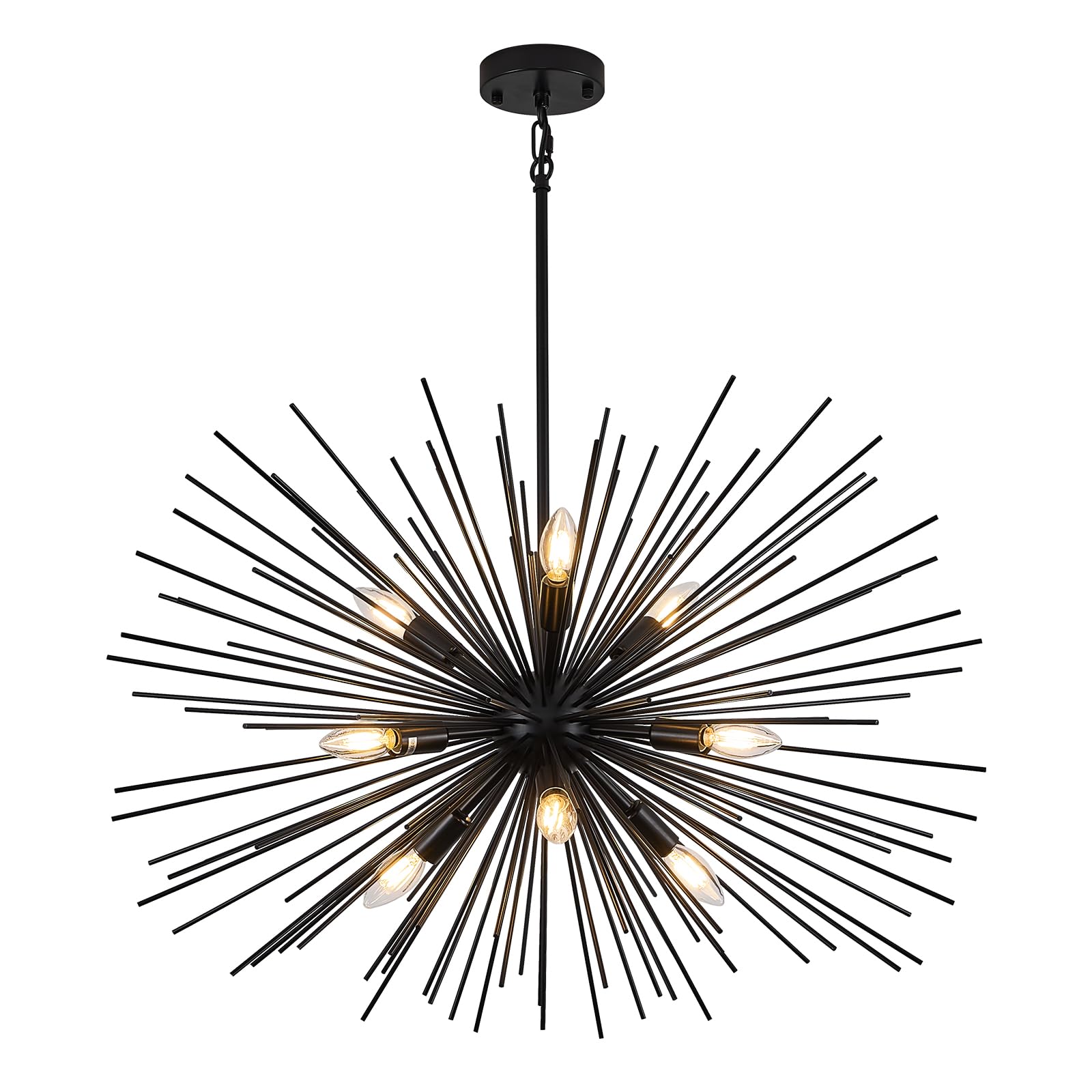 Photo 1 of FookChak 32in Black Sputnik Chandelier Solid Metal Starburst Chandelier Light Fixture 9-Light Mid-Century Modern Satellite Light Fixture for Living Room Dining Room Foyer Study Room Bathroom,E12