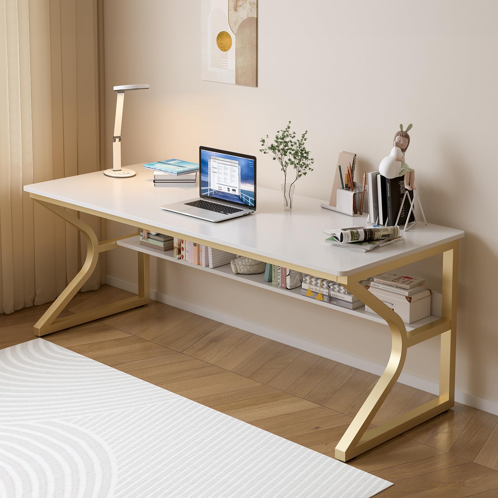 Photo 1 of OSCHF Extra Long Desk with Bookshelf - 63" Double Long Writing Table for 2-Person Workstation, Modern Study Work Computer Desk for Home and Office, Gold