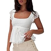 Women Y2k Square Neck Tops Cap Sleeve Ruffle Babydoll Layered Lettuce Trim Solid Color Going Out Shirts Tank Tops