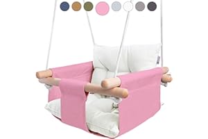 CaTeam - Canvas Baby Swing, Wooden Hanging Swing Seat Chair with Safety Belt, Durable Baby Swing Chair, Outdoor and Indoor Swing for Kids, Mounting Hardware Included, Pink