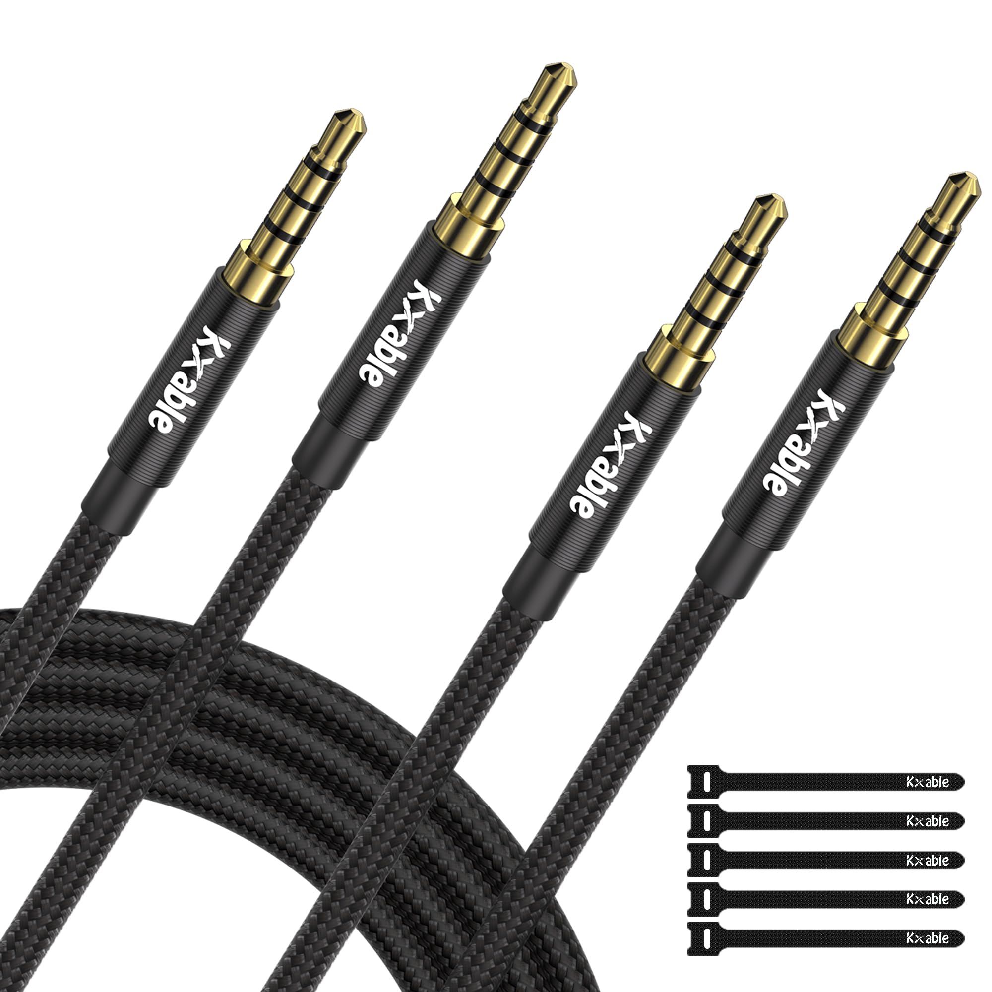 View 1 of 2 Pack 3.5mm Audio Cable, 4-Pole Hi-Fi Stereo TRRS Aux Jack 4FT, Nylon Braided, Microphone Compatible, 1/8 inch Male to Male Auxiliary Cord Extension for Headphones, Car, iPad, Phone, Tablet- Slim