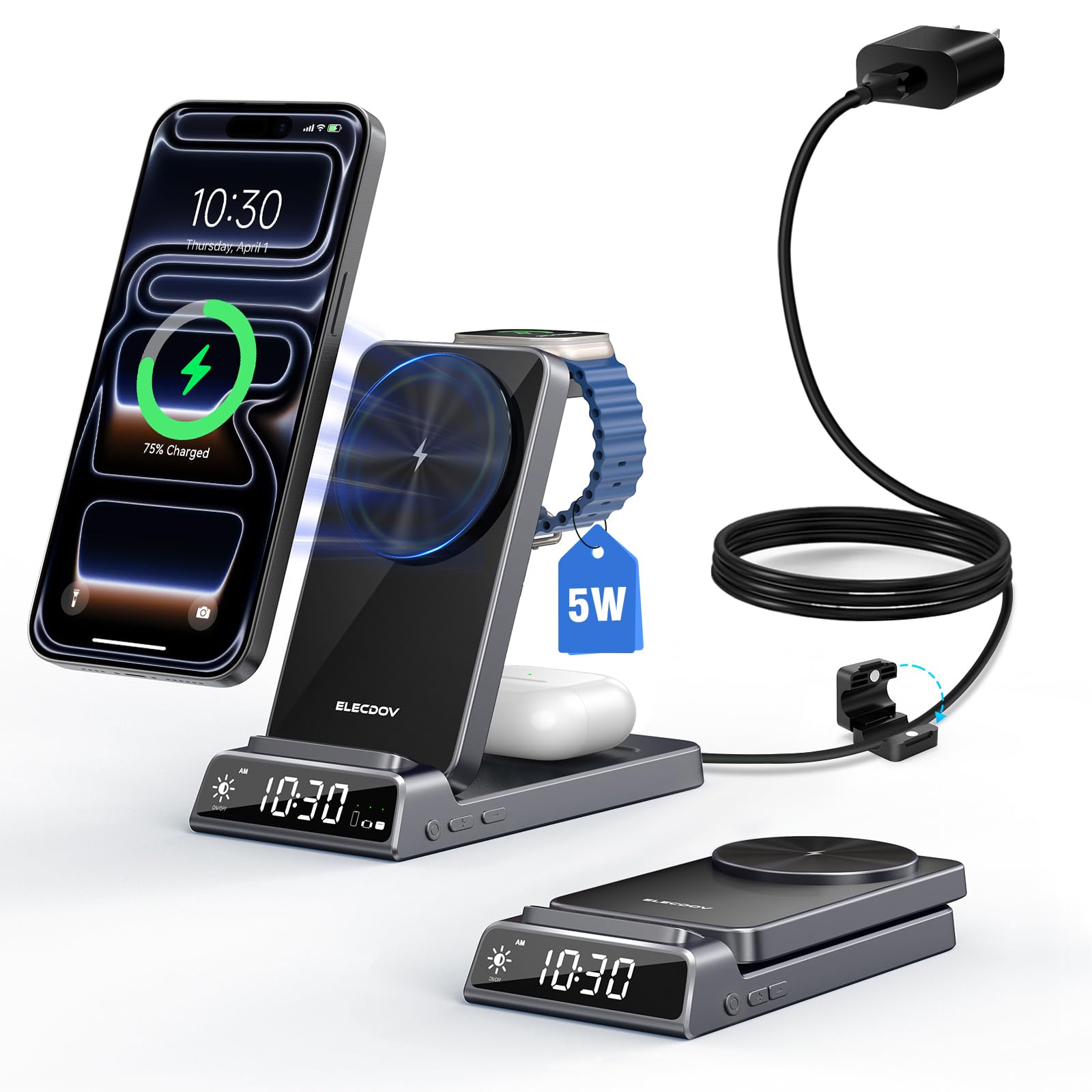 3 in 1 Apple Charging Station, Magnetic Charger for iPhone, Foldable Wireless Charger with Bedside Clock, Travel Apple Watch Charger Stand for iPhone 17/Air/16/15 Series, iWatch 10/AirPods 4 (Grey)